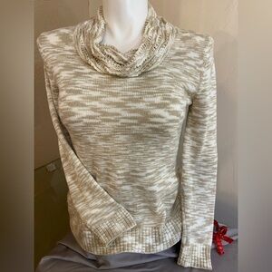 Dana Bachman~Tan & White Sweater~Frilly Cowl Neck Collar~Tight Knit~Size M